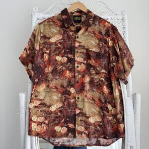 100% Silk Shirt Men Small Floral Abstract Art Print Renaissance Resort Statement